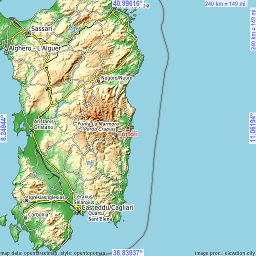 Topographic map of Tortolì