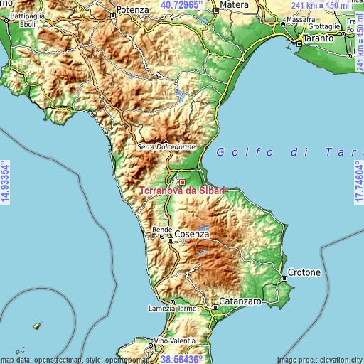 Topographic map of Terranova da Sibari