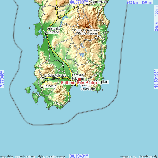 Topographic map of Settimo San Pietro