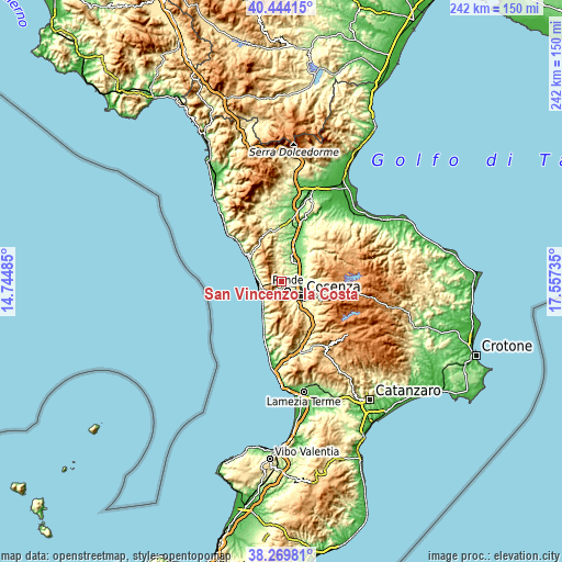 Topographic map of San Vincenzo la Costa