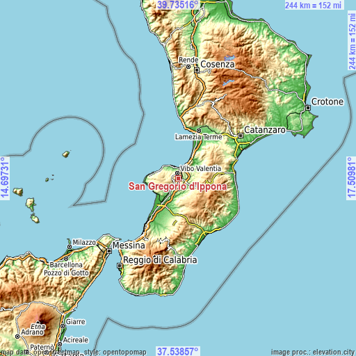 Topographic map of San Gregorio d'Ippona