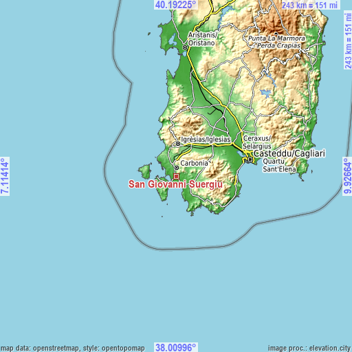 Topographic map of San Giovanni Suergiu