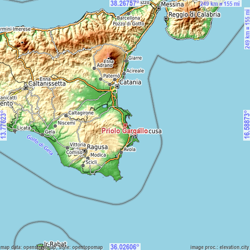 Topographic map of Priolo Gargallo