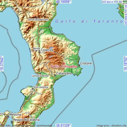 Topographic map of Petilia Policastro