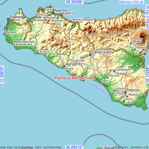 Topographic map of Palma di Montechiaro