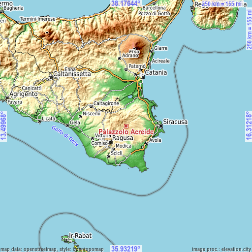 Topographic map of Palazzolo Acreide