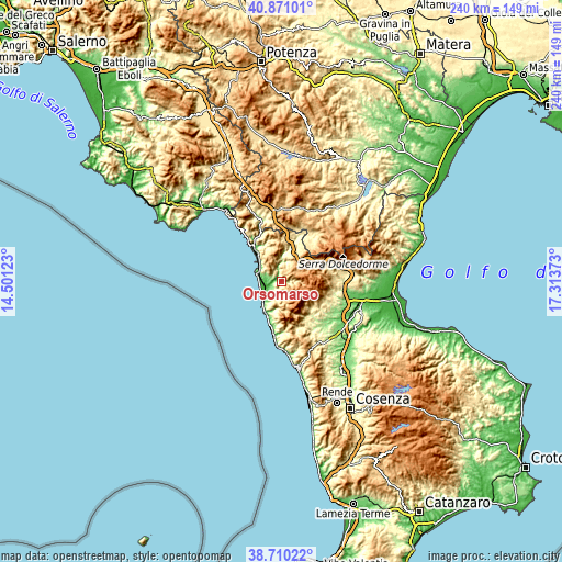 Topographic map of Orsomarso