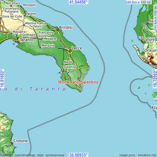 Topographic map of Montesano Salentino