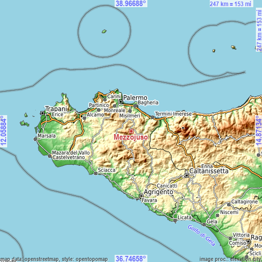 Topographic map of Mezzojuso