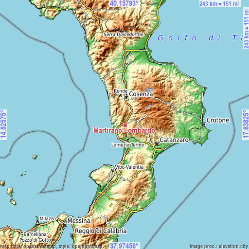 Topographic map of Martirano Lombardo