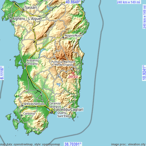 Topographic map of Jerzu