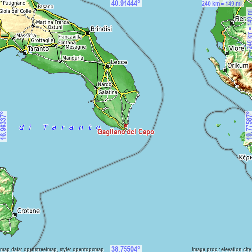 Topographic map of Gagliano del Capo