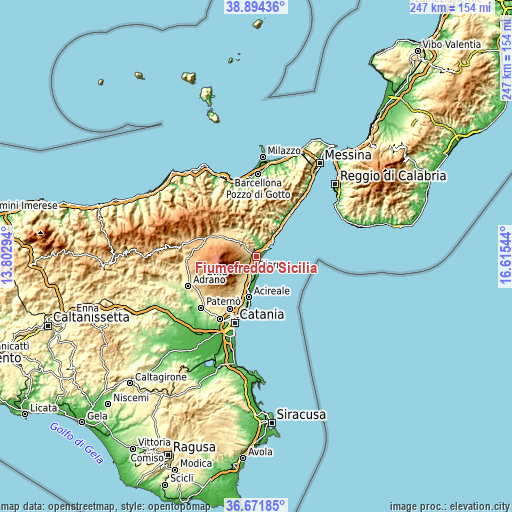 Topographic map of Fiumefreddo Sicilia