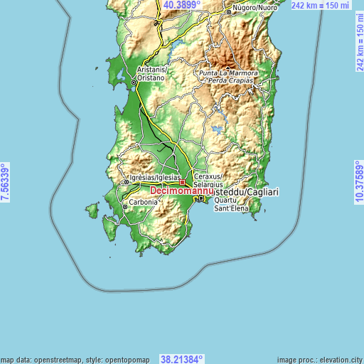 Topographic map of Decimomannu