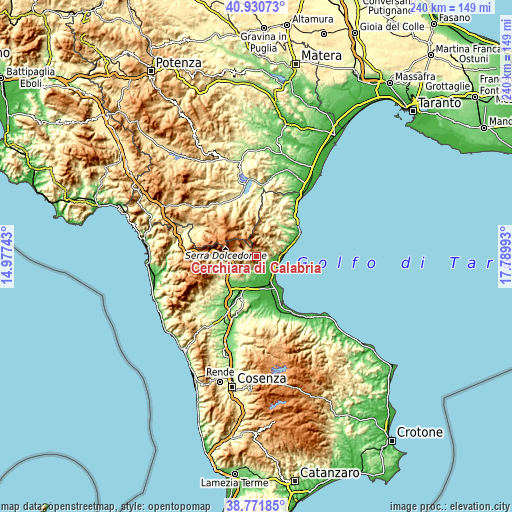 Topographic map of Cerchiara di Calabria