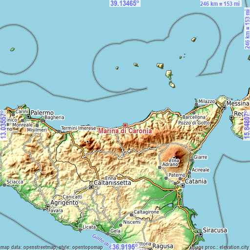 Topographic map of Marina di Caronia