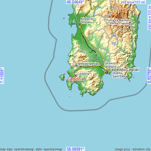 Topographic map of Carbonia
