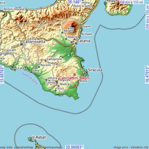 Topographic map of Canicattini Bagni