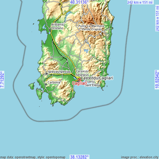Topographic map of Cagliari