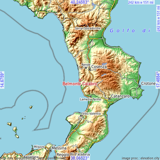 Topographic map of Belmonte Calabro