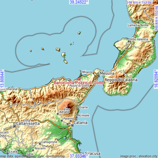 Topographic map of Barcellona Pozzo di Gotto