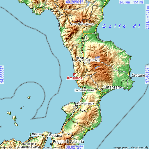 Topographic map of Amantea