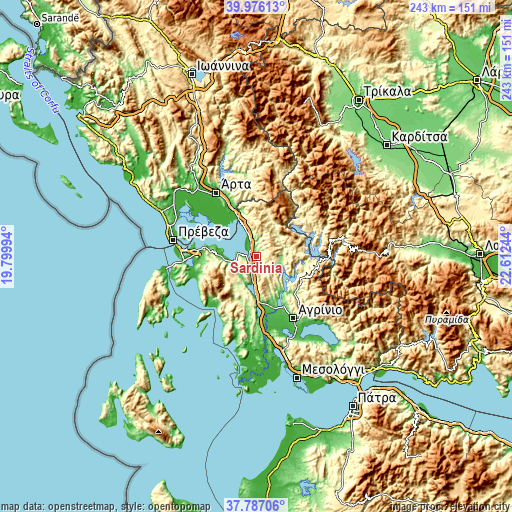 Topographic map of Sardínia