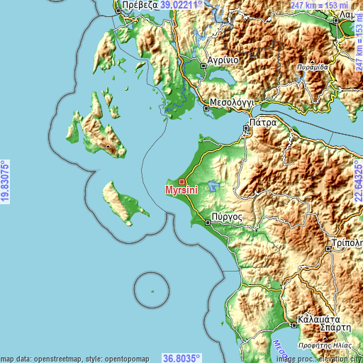 Topographic map of Myrsíni