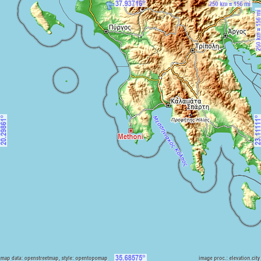 Topographic map of Methóni