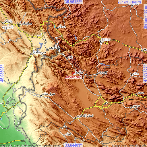 Topographic map of Javānrūd