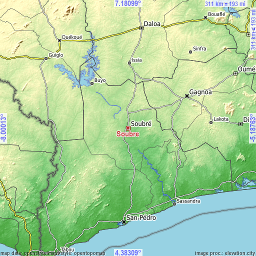 Topographic map of Soubré