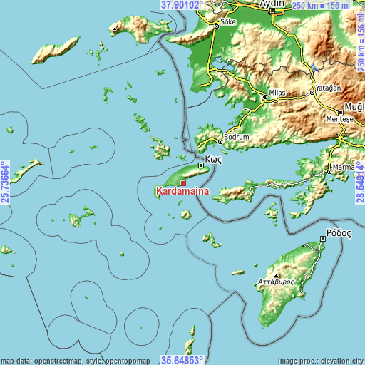 Topographic map of Kardámaina