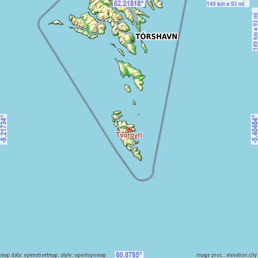 Topographic map of Tvøroyri