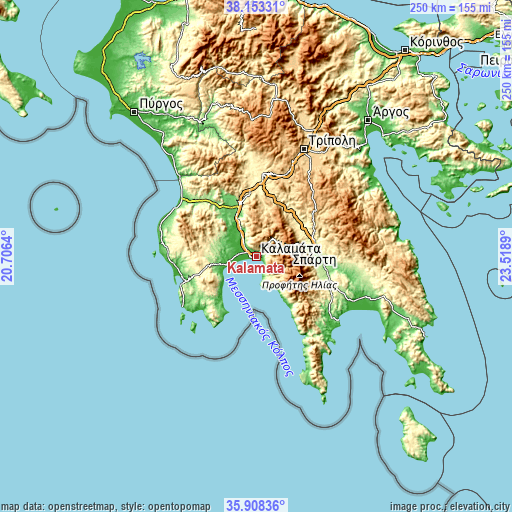 Topographic map of Kalamata