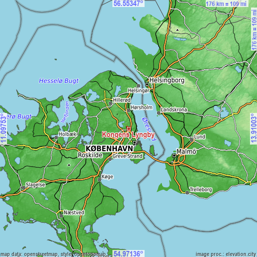 Topographic map of Kongens Lyngby