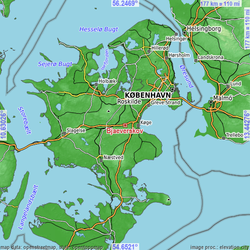 Topographic map of Bjæverskov