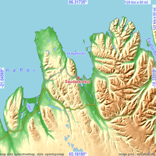 Topographic map of Sauðárkrókur