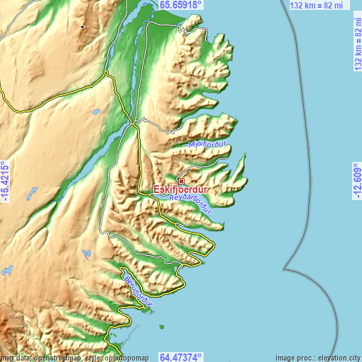 Topographic map of Eskifjörður
