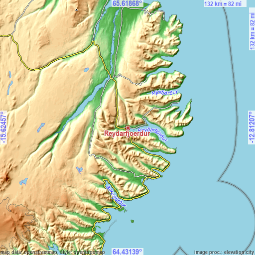 Topographic map of Reyðarfjörður