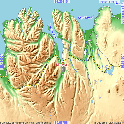 Topographic map of Akureyri
