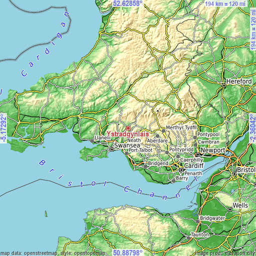 Topographic map of Ystradgynlais