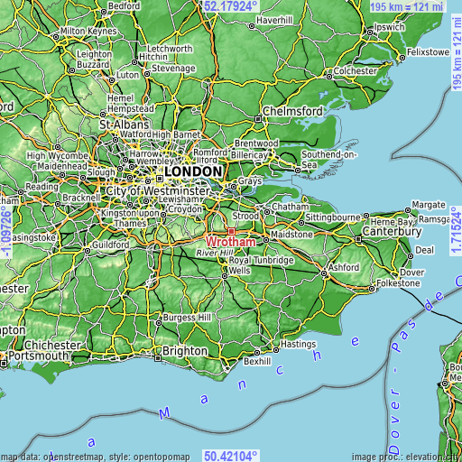 Topographic map of Wrotham