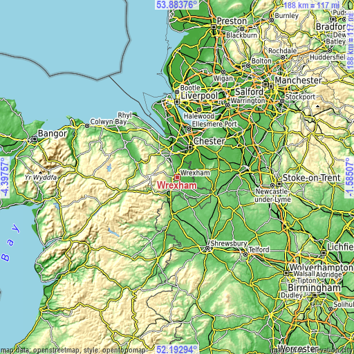 Topographic map of Wrexham