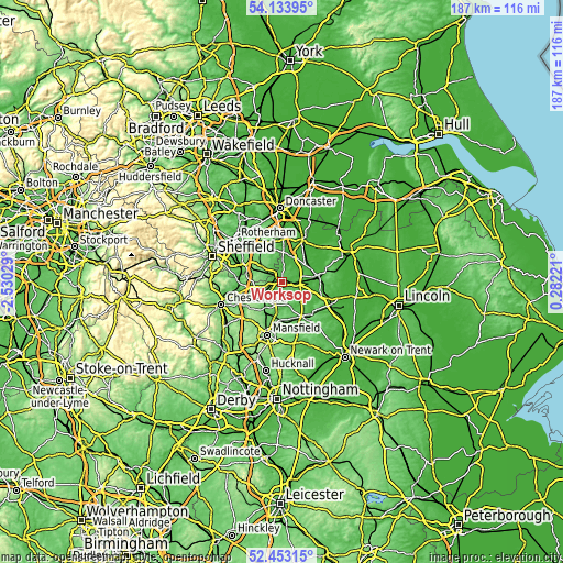 Topographic map of Worksop