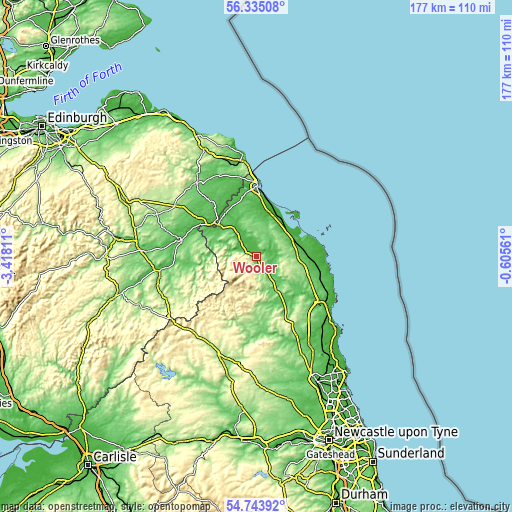 Topographic map of Wooler