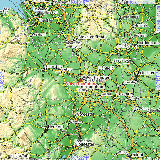 Topographic map of Wolverhampton