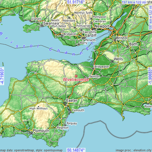 Topographic map of Wiveliscombe