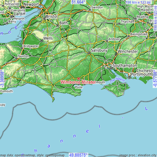 Topographic map of Wimborne Minster