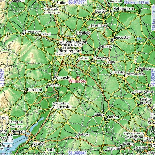 Topographic map of Wilmcote