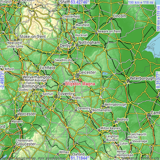 Topographic map of Wigston Magna
